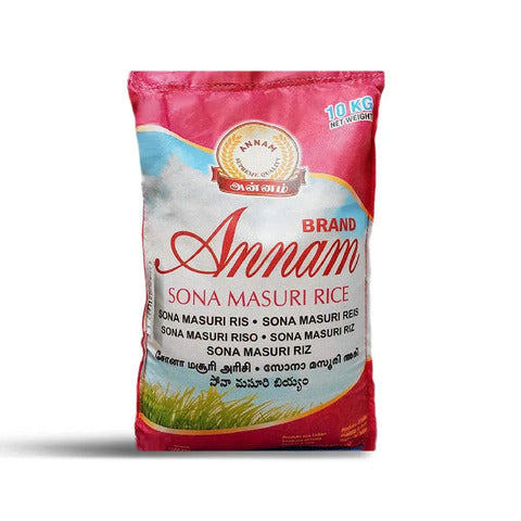 A pack of Annam Sona Masuri Rice, 10kg, predominantly pink and green packaging with brand and product name displayed.