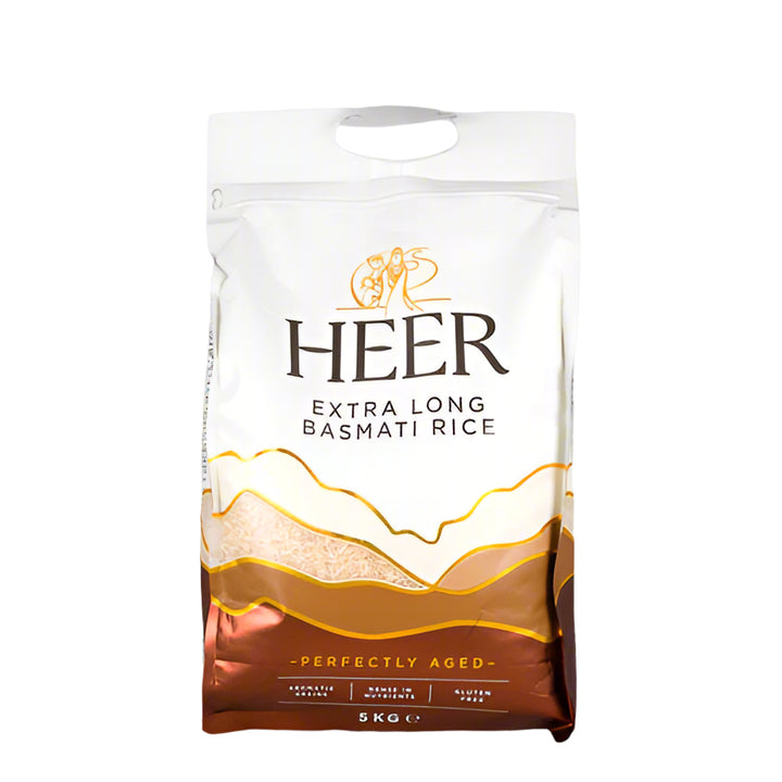 Package of HEER Extra Long Basmati Rice on a white background