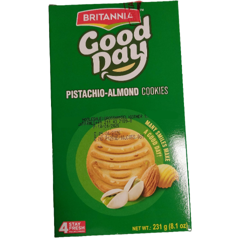 Packaging of Britannia Good Day Pistachio-Almond Cookies on a white background
