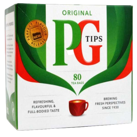 Box of PG Tips tea bags with green and red design on a white background