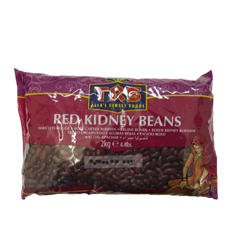 Packaged red kidney beans with a purple label on a white background