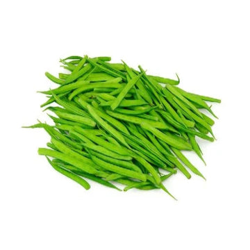 A pile of fresh green Cluster Beans on a plain white background.