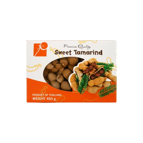 A 450 g box of Sweet Tamarind from Thailand, featuring a white and orange design with a clear window showing the tamarind fruits inside.