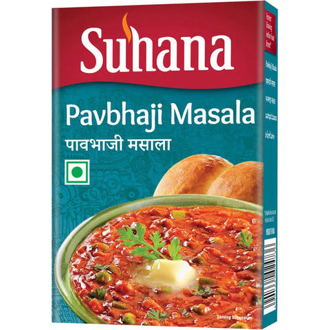 Suhana Pavbhaji Masala packaging with a bowl of red curry and bread on a blue background