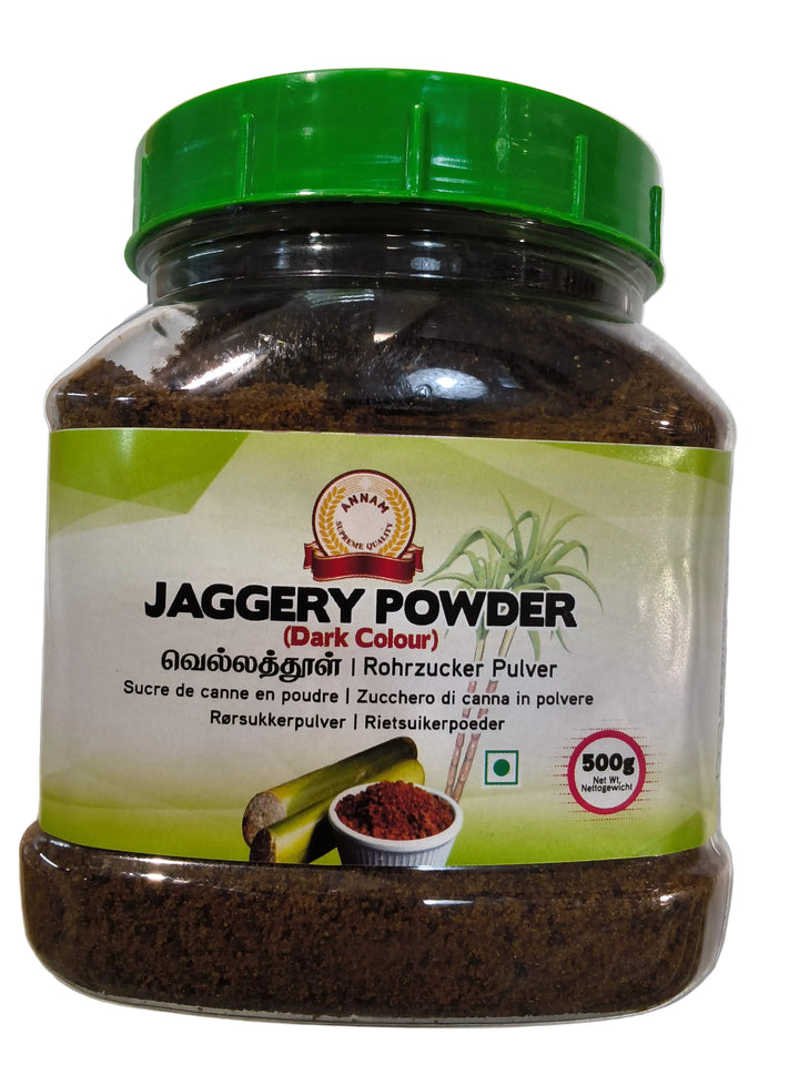 Jar of Annam  jaggery powder with a green lid on a white background